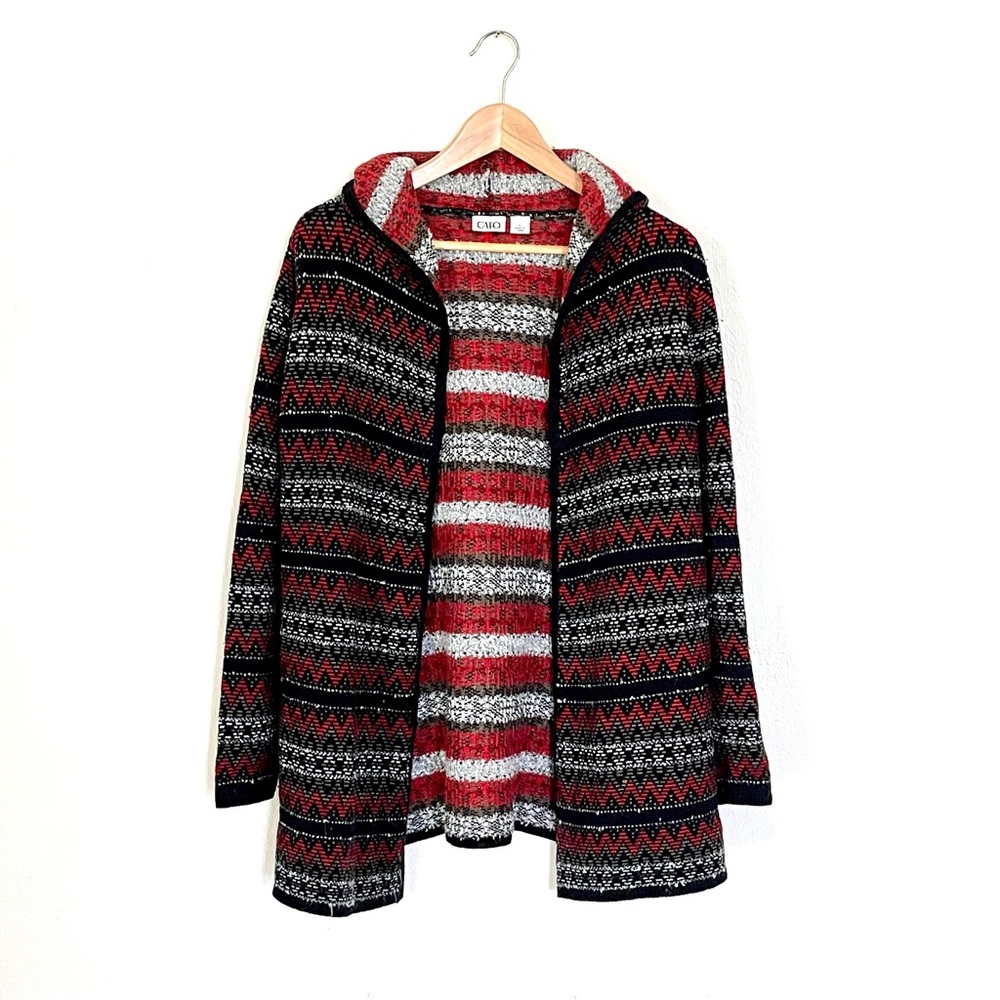Cato Red and Black‎ Stripe Cardigan Women Size Large Chevron Knit Hooded cozy